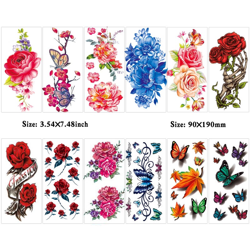 Zomme 82 Sheets Flowers Temporary Tattoos Stickers, Roses, Butterflies and Multi-Colored Mixed Style Body Art Temporary Tattoos for Women, Girls or Kids - Image 3